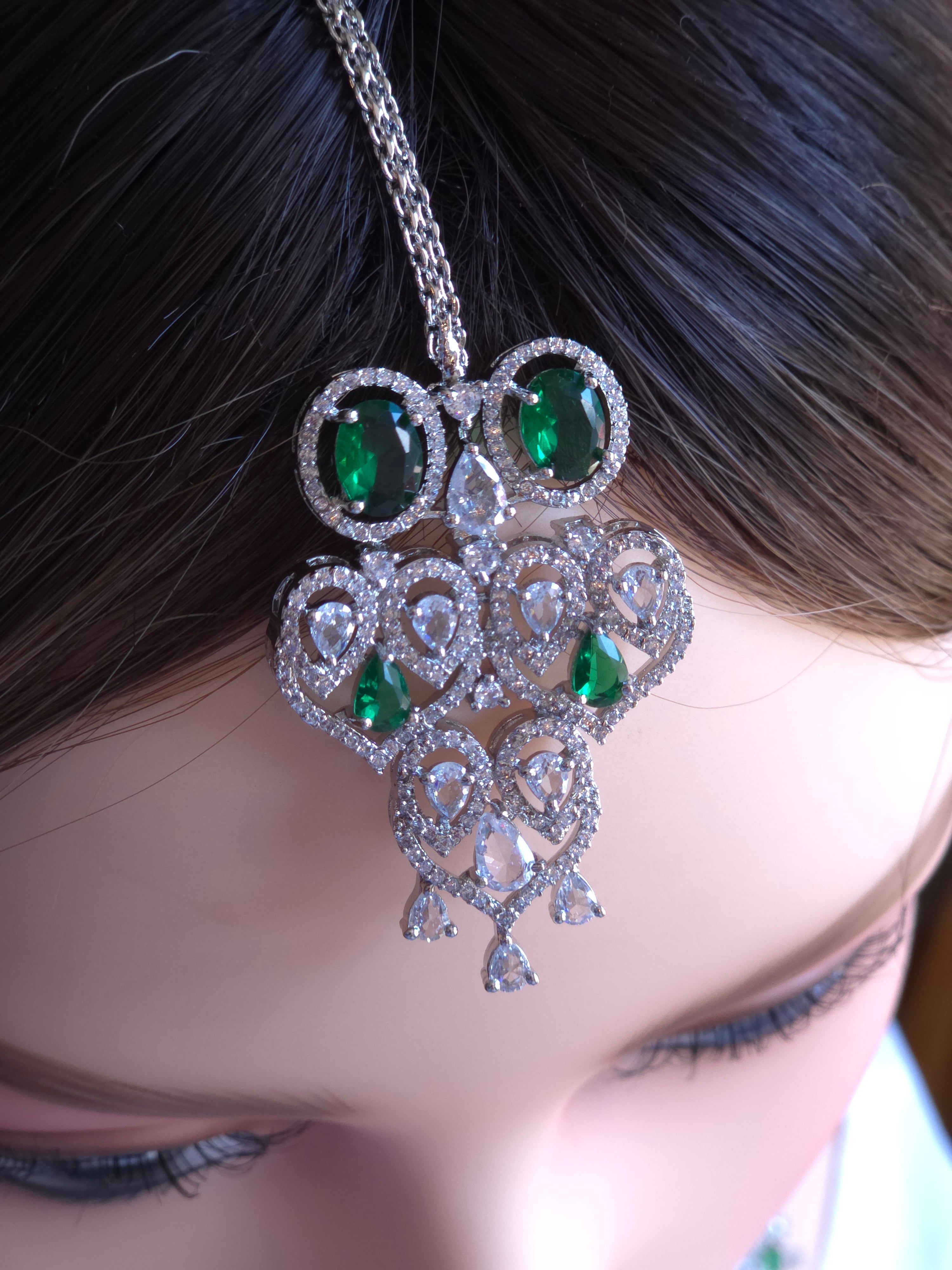 Emerald CZ Bib Choker, Chandelier Earring & Maang Tikka Bridal Set – Noorjahan