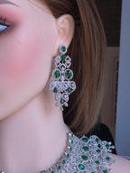 Emerald CZ Bib Choker, Chandelier Earring & Maang Tikka Bridal Set – Noorjahan