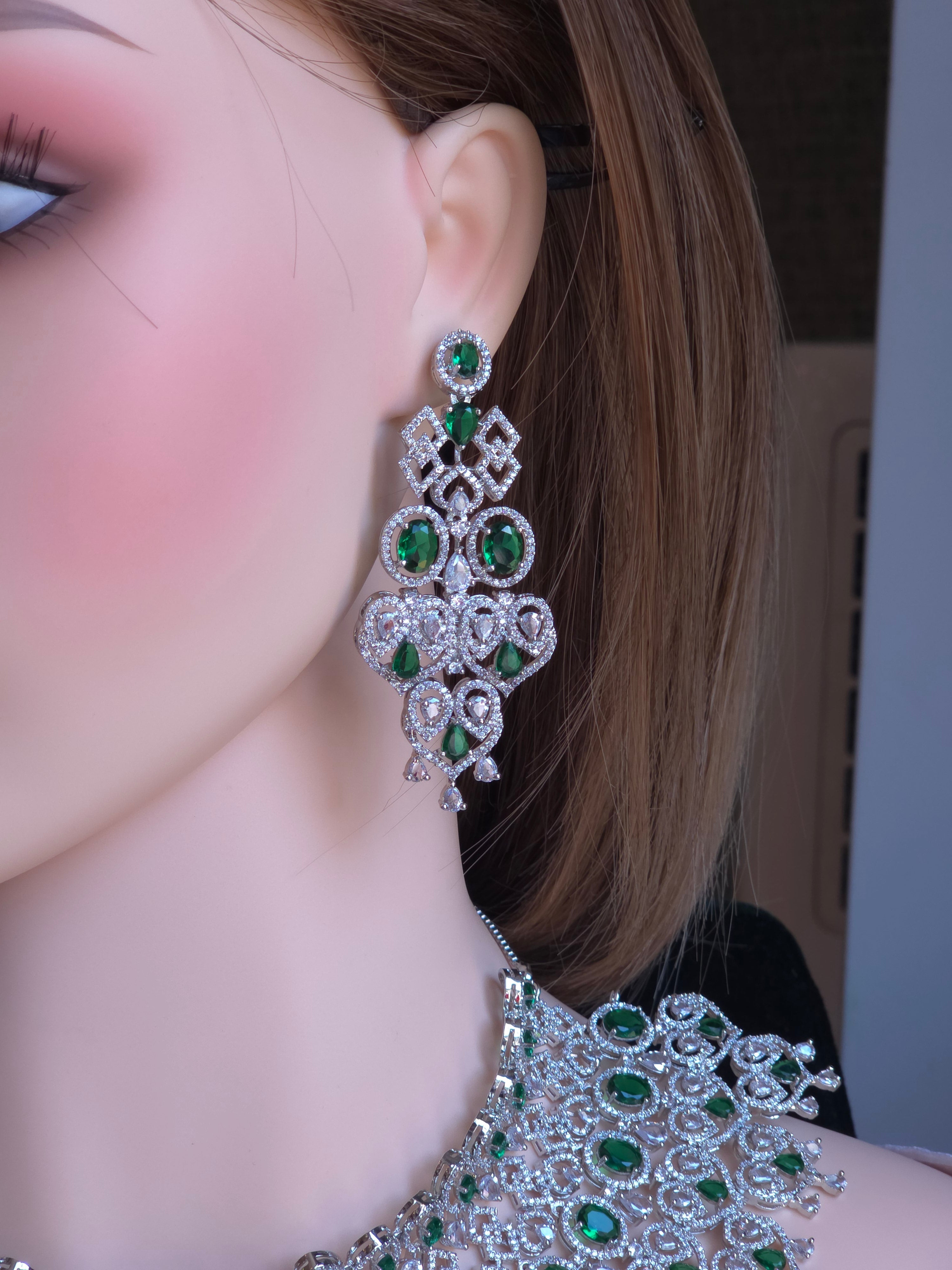 Emerald CZ Bib Choker, Chandelier Earring & Maang Tikka Bridal Set – Noorjahan