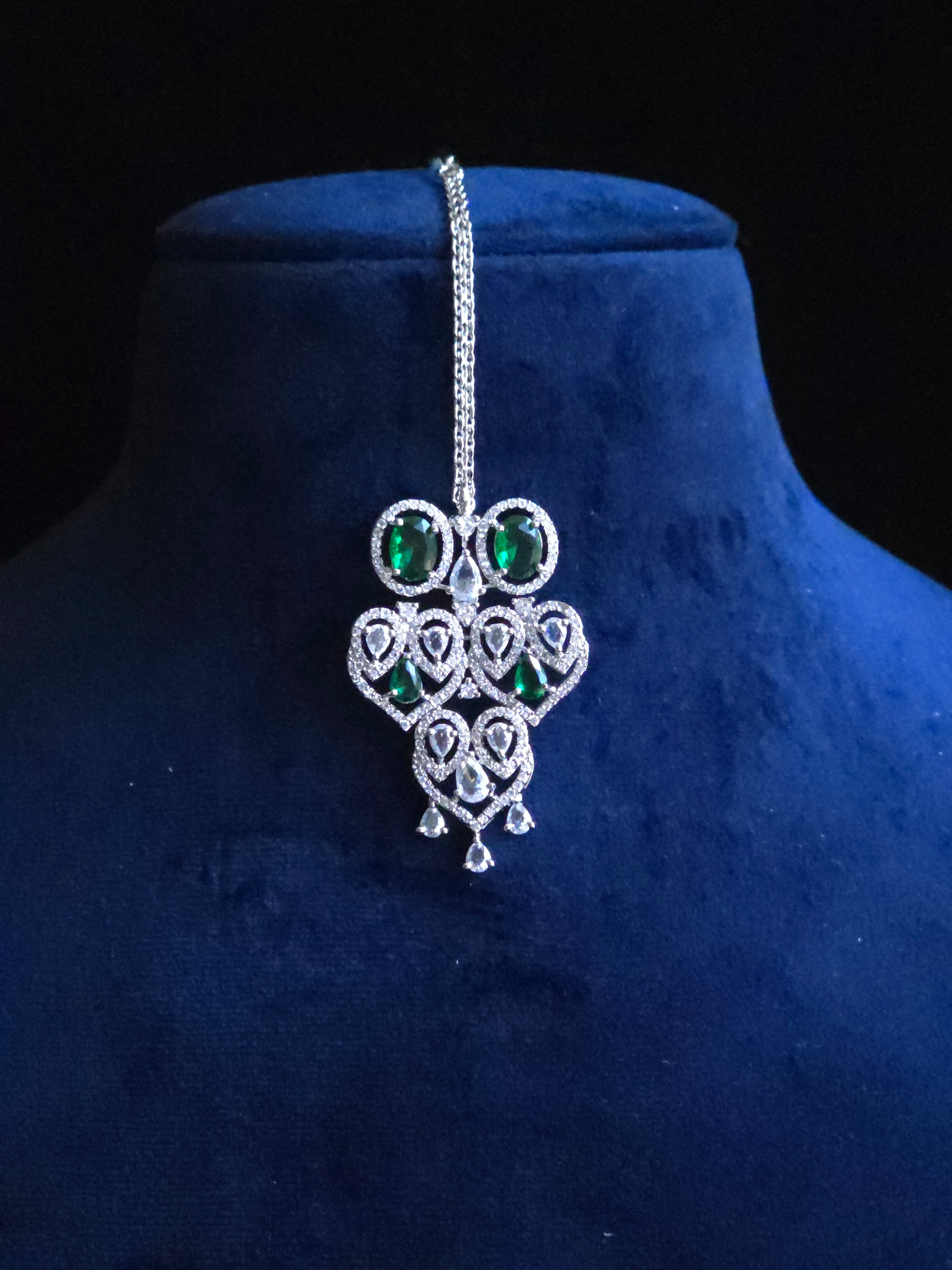 Emerald CZ Bib Choker, Chandelier Earring & Maang Tikka Bridal Set – Noorjahan