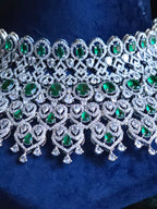 Emerald CZ Bib Choker, Chandelier Earring & Maang Tikka Bridal Set – Noorjahan