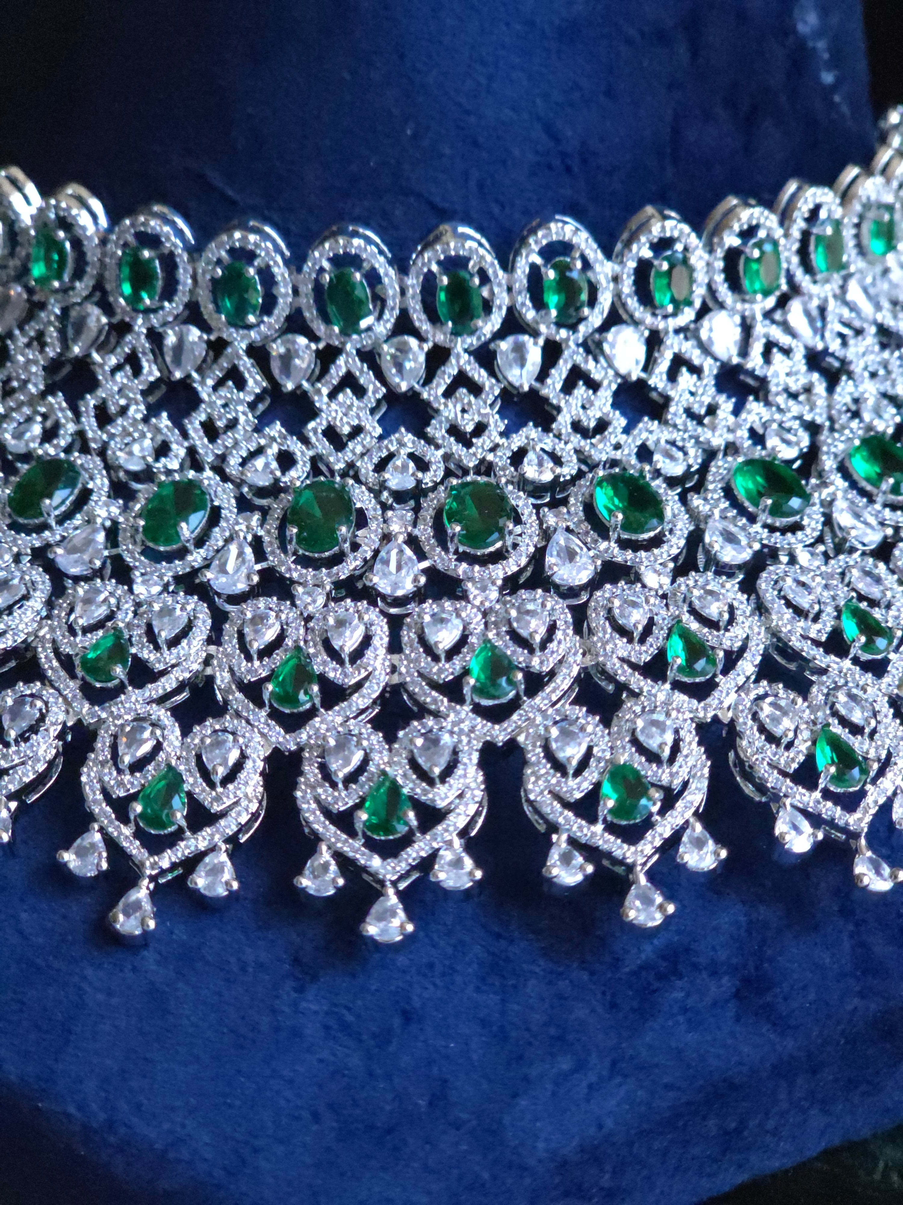 Emerald CZ Bib Choker, Chandelier Earring & Maang Tikka Bridal Set – Noorjahan
