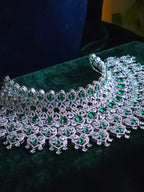 Emerald CZ Bib Choker, Chandelier Earring & Maang Tikka Bridal Set – Noorjahan