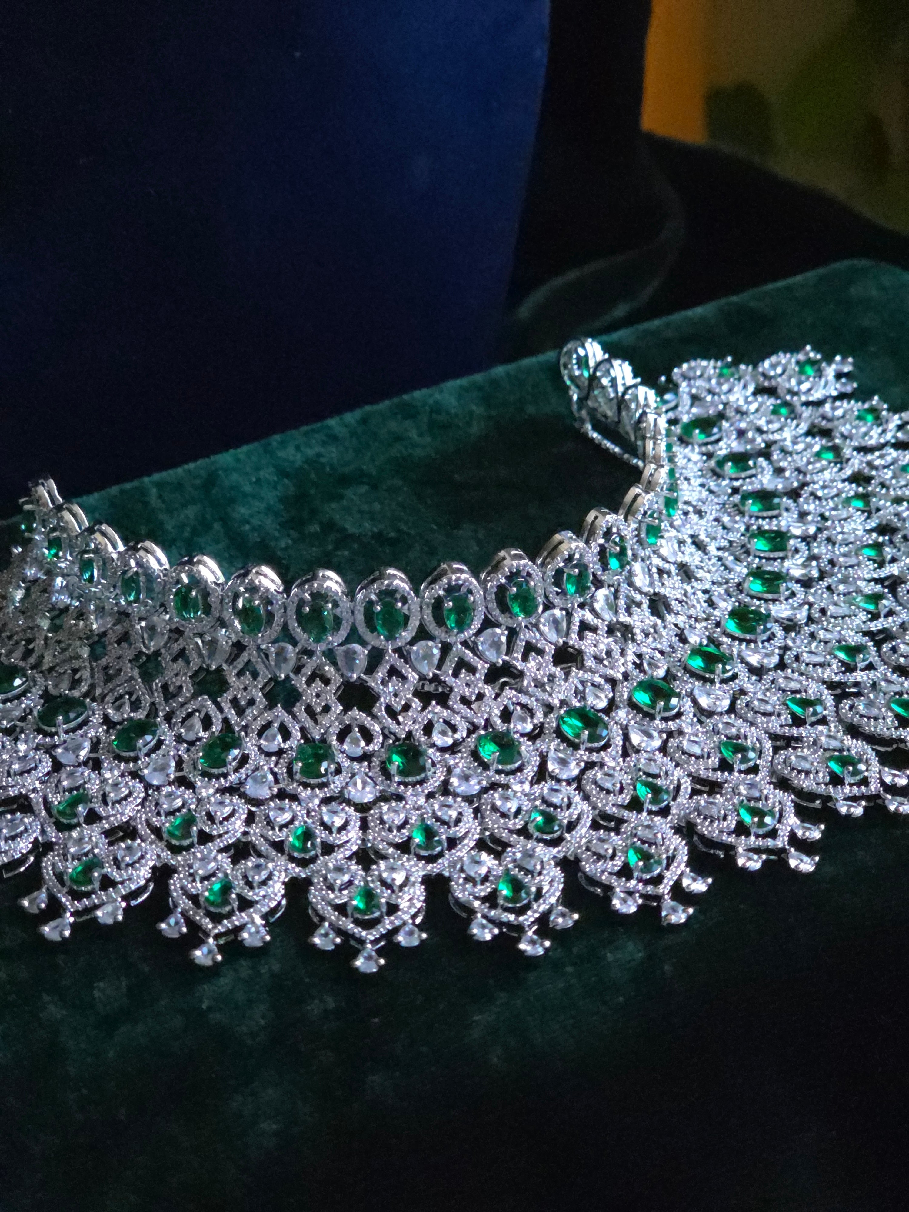 Emerald CZ Bib Choker, Chandelier Earring & Maang Tikka Bridal Set – Noorjahan