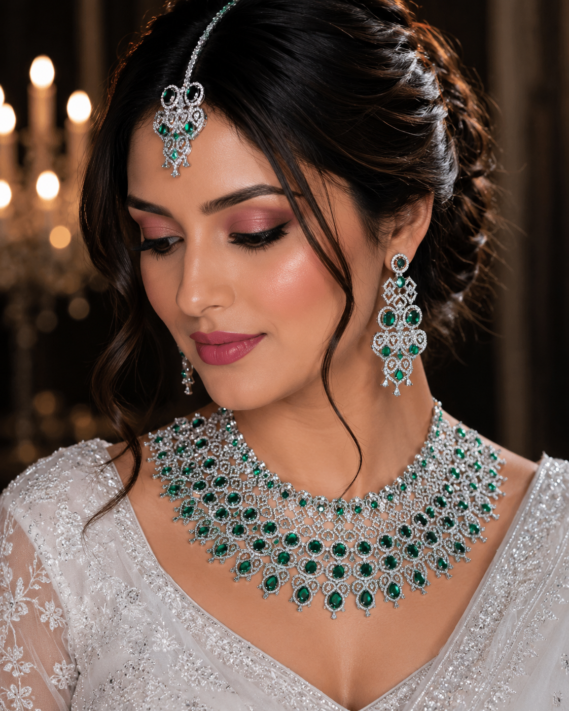 Emerald CZ Bib Choker, Chandelier Earring & Maang Tikka Bridal Set – Noorjahan