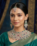 Navratan CZ Filigree Bib Choker, Chandelier Earring & Maang Tikka Bridal Set – Zarkash