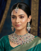 Navratan CZ Filigree Bib Choker, Chandelier Earring & Maang Tikka Bridal Set – Zarkash