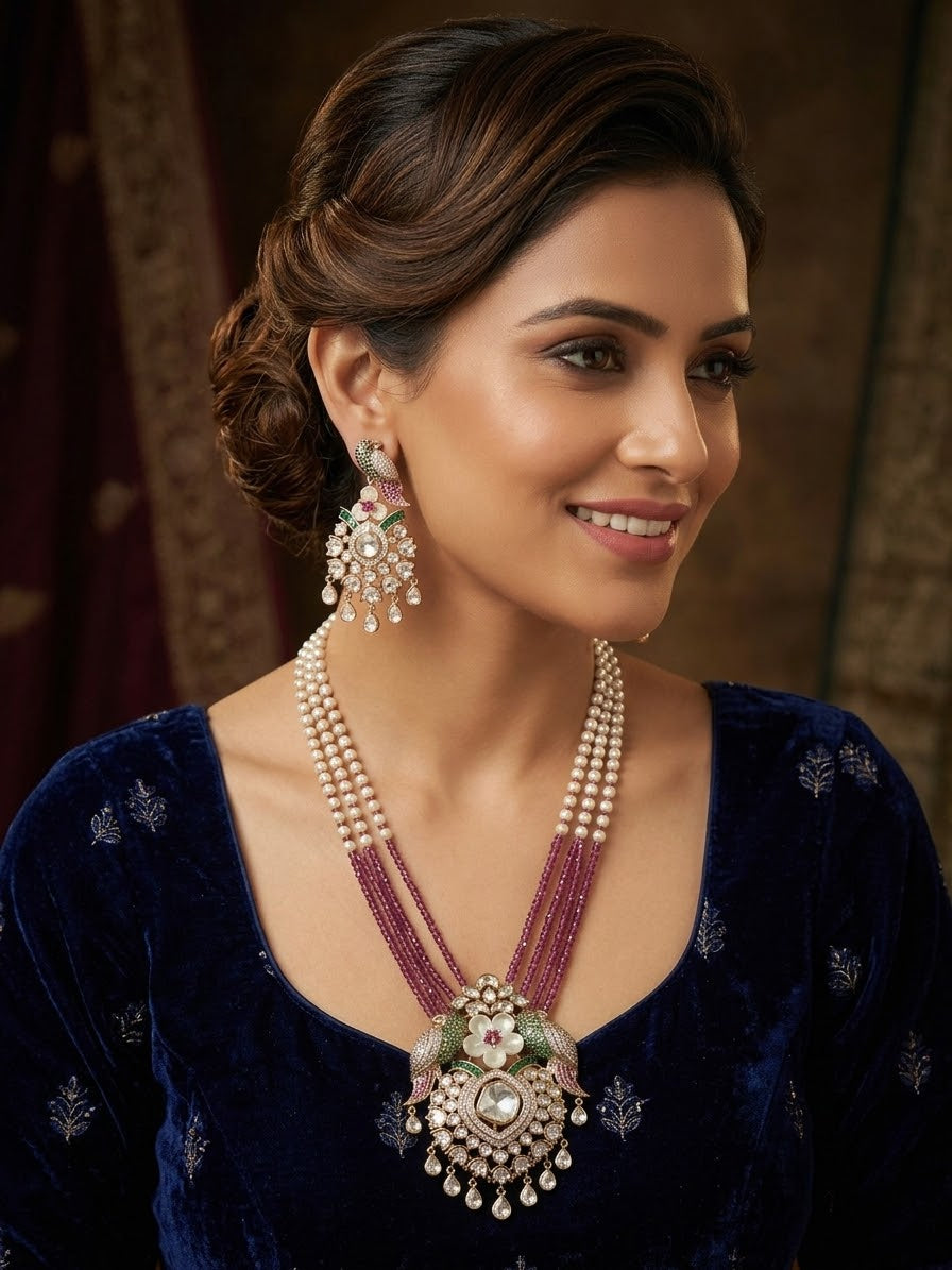 Tota-e-Ishq Polki-style parrot pendant necklace with ruby bead strands and pearl drops, worn with matching parrot earrings – Mithud