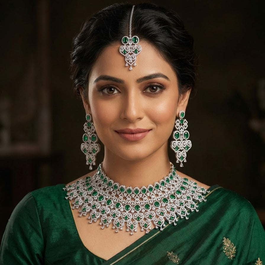 Emerald CZ Bib Choker, Chandelier Earring & Maang Tikka Bridal Set – Noorjahan