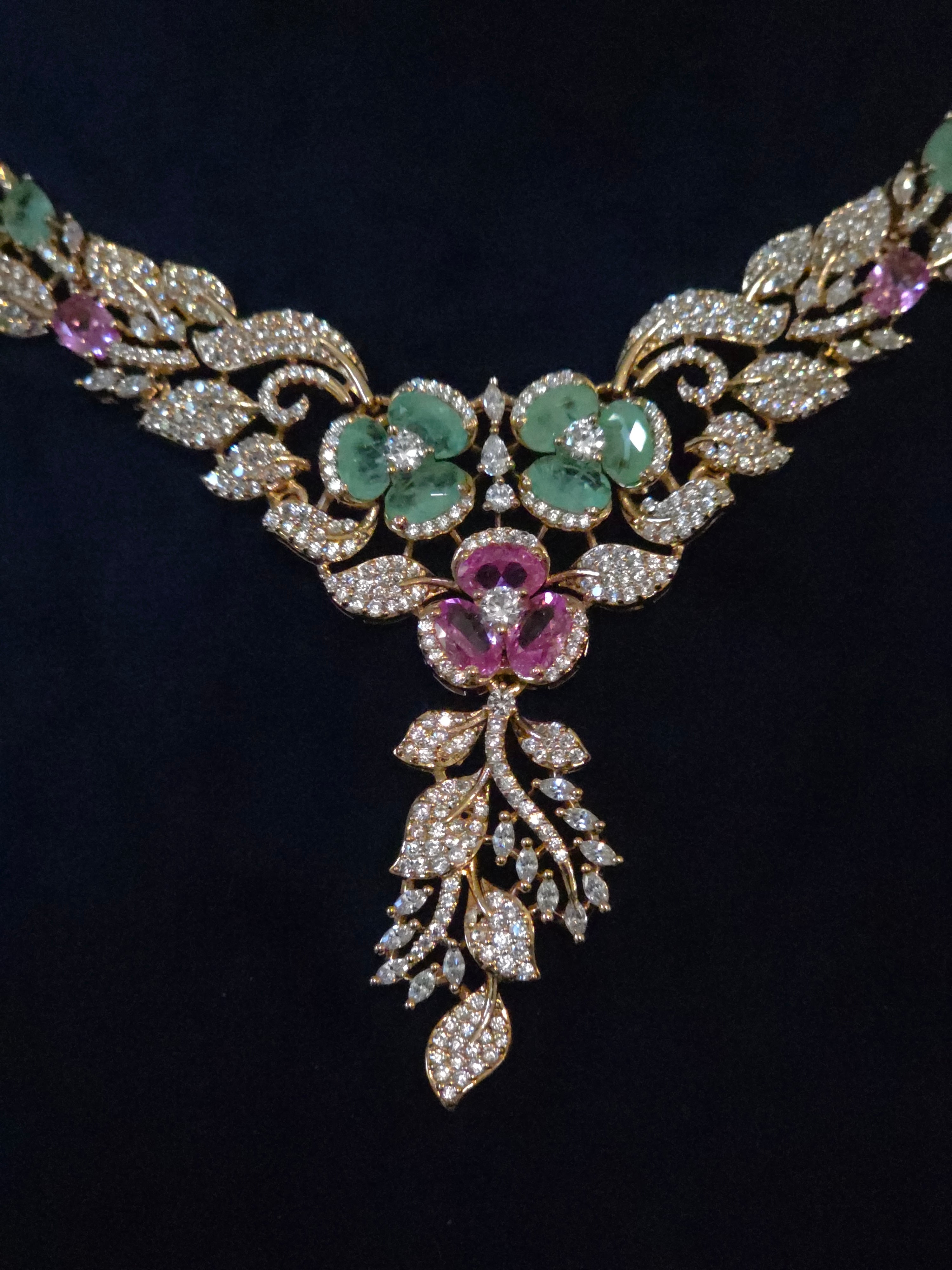 CZ Floral Garden Twin Bloom Necklace & Feather Drop Earring Set – Gulnara