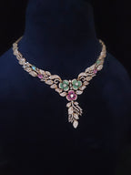 CZ Floral Garden Twin Bloom Necklace & Feather Drop Earring Set – Gulnara