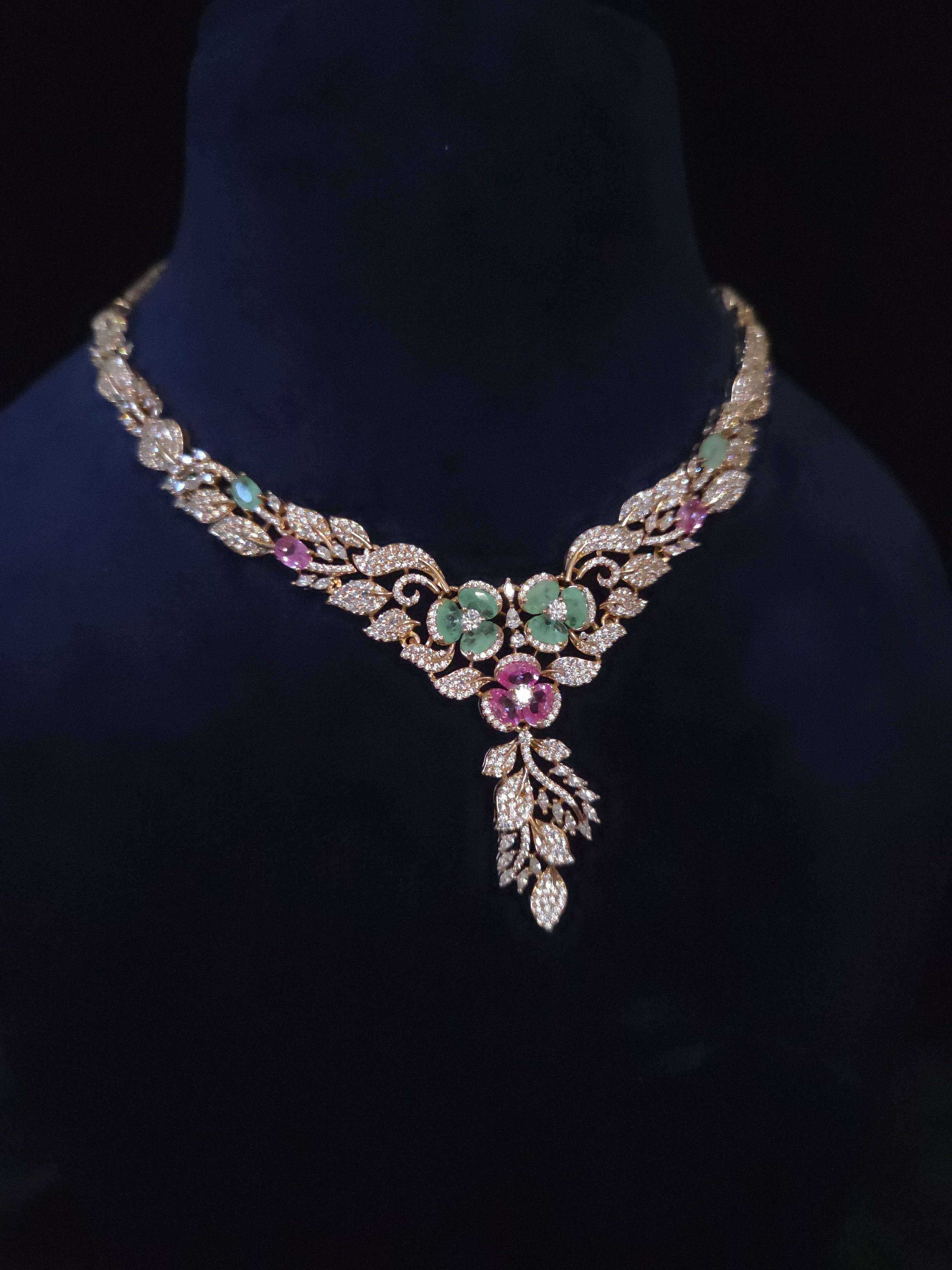 CZ Floral Garden Twin Bloom Necklace & Feather Drop Earring Set – Gulnara