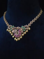 Pink & Emerald CZ Floral Pearl Drop Necklace & Earring Set – Priya