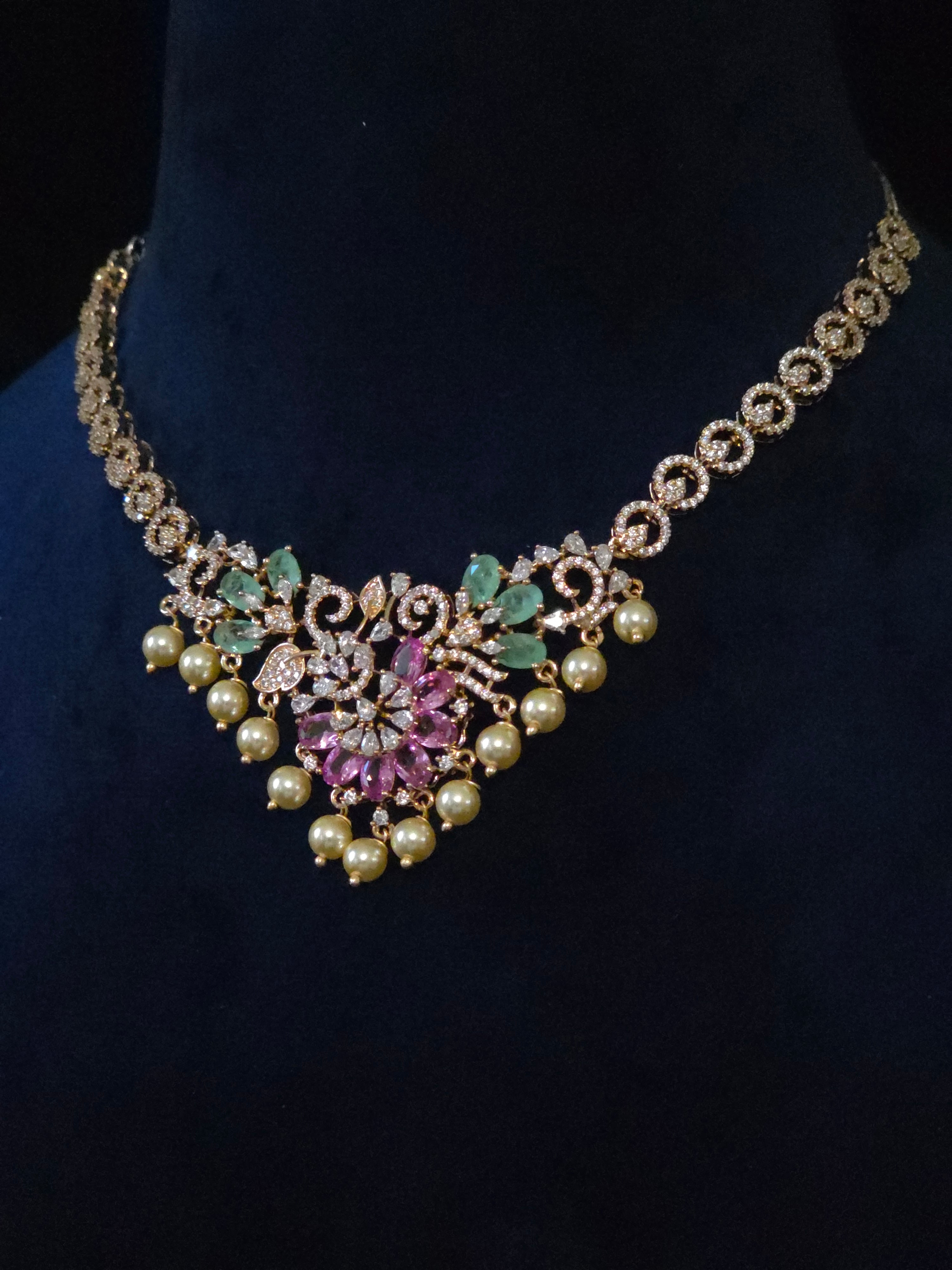 Pink & Emerald CZ Floral Pearl Drop Necklace & Earring Set – Priya