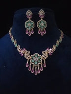 Emerald & Pink CZ Floral Medallion Necklace & Chandelier Earring Set – Zainab