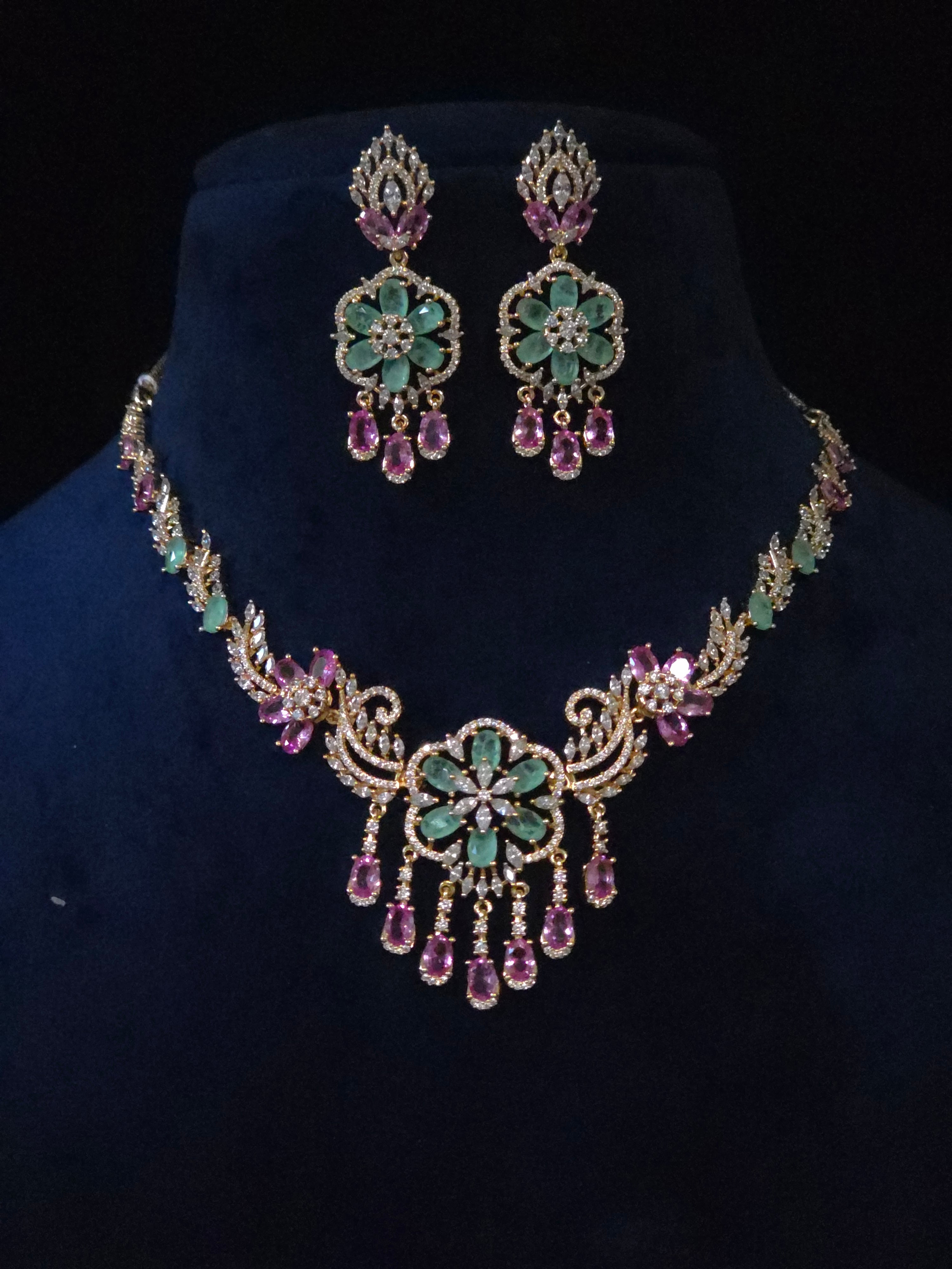 Emerald & Pink CZ Floral Medallion Necklace & Chandelier Earring Set – Zainab
