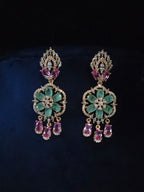 Emerald & Pink CZ Floral Medallion Necklace & Chandelier Earring Set – Zainab