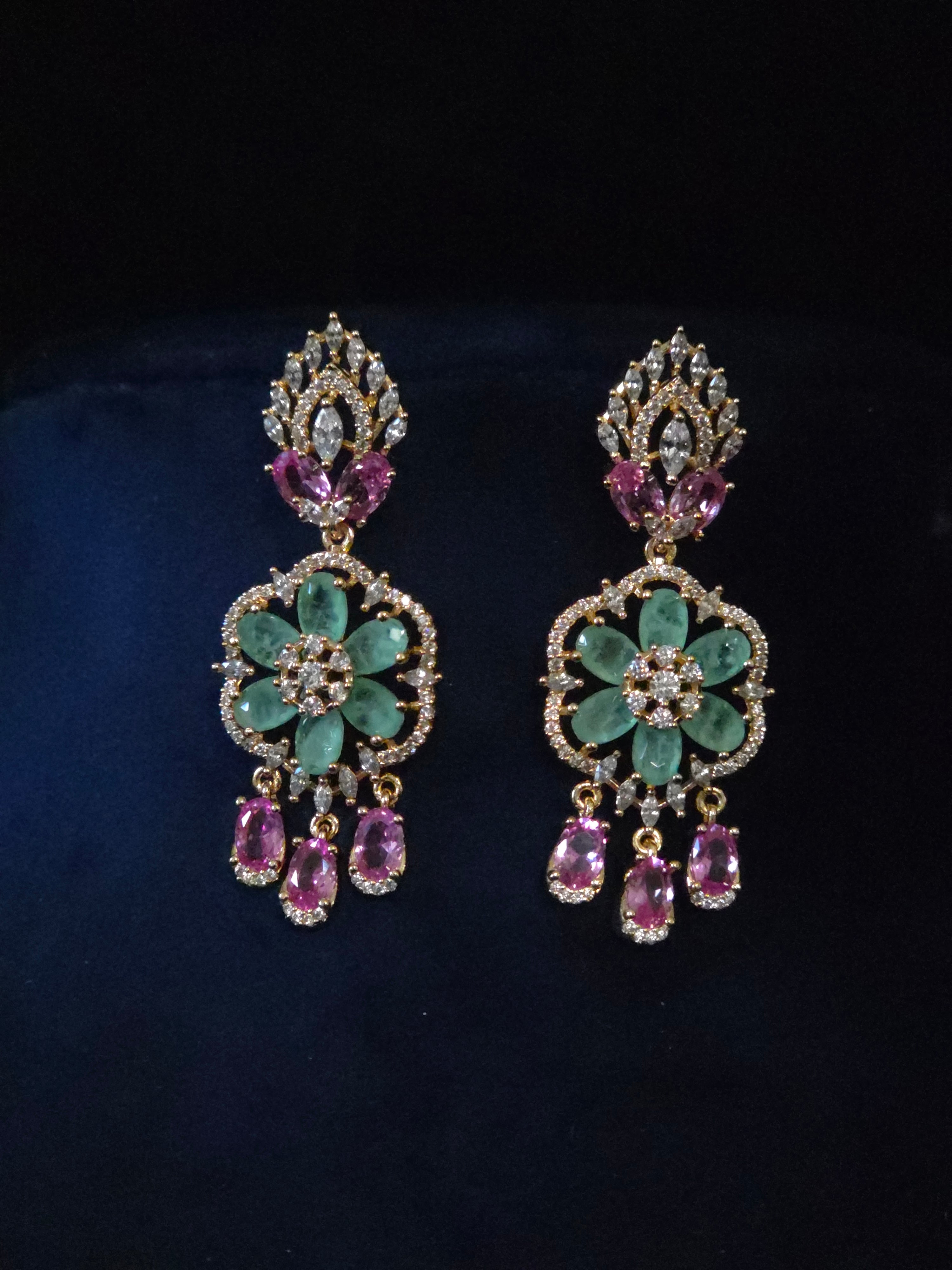 Emerald & Pink CZ Floral Medallion Necklace & Chandelier Earring Set – Zainab