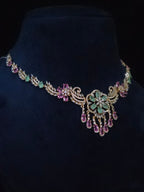 Emerald & Pink CZ Floral Medallion Necklace & Chandelier Earring Set – Zainab