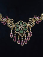 Emerald & Pink CZ Floral Medallion Necklace & Chandelier Earring Set – Zainab