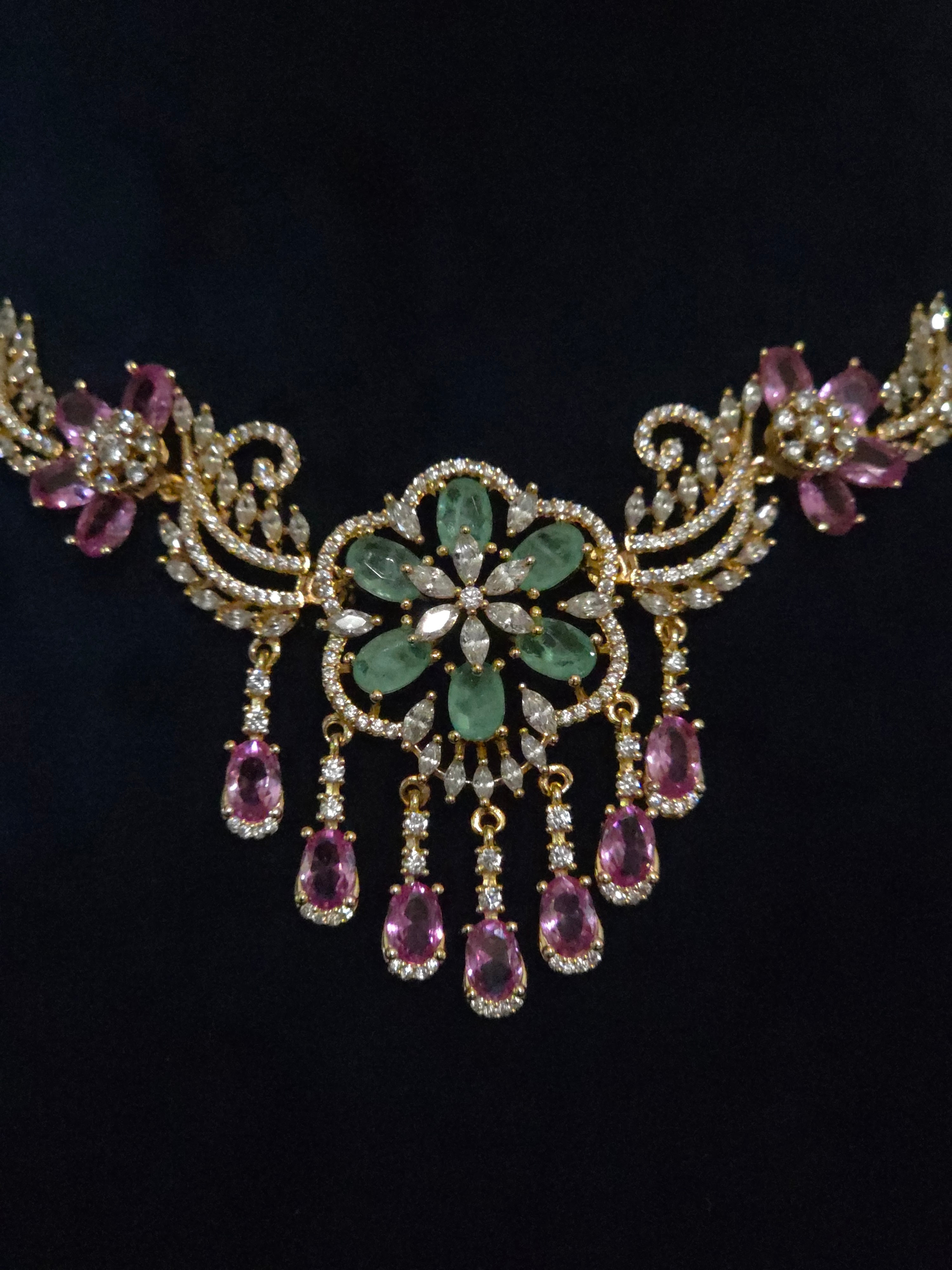 Emerald & Pink CZ Floral Medallion Necklace & Chandelier Earring Set – Zainab