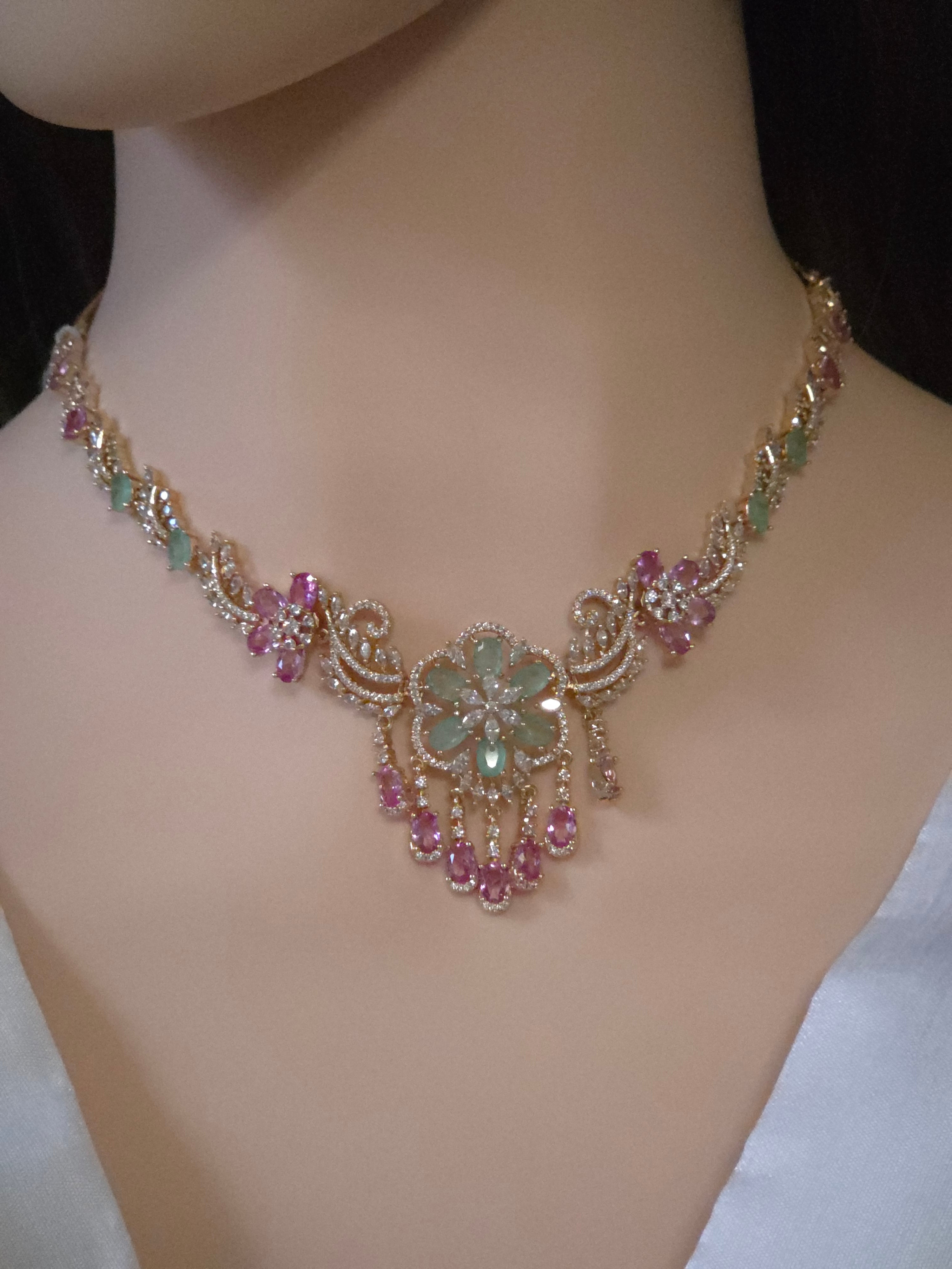 Emerald & Pink CZ Floral Medallion Necklace & Chandelier Earring Set – Zainab
