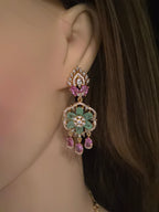 Emerald & Pink CZ Floral Medallion Necklace & Chandelier Earring Set – Zainab