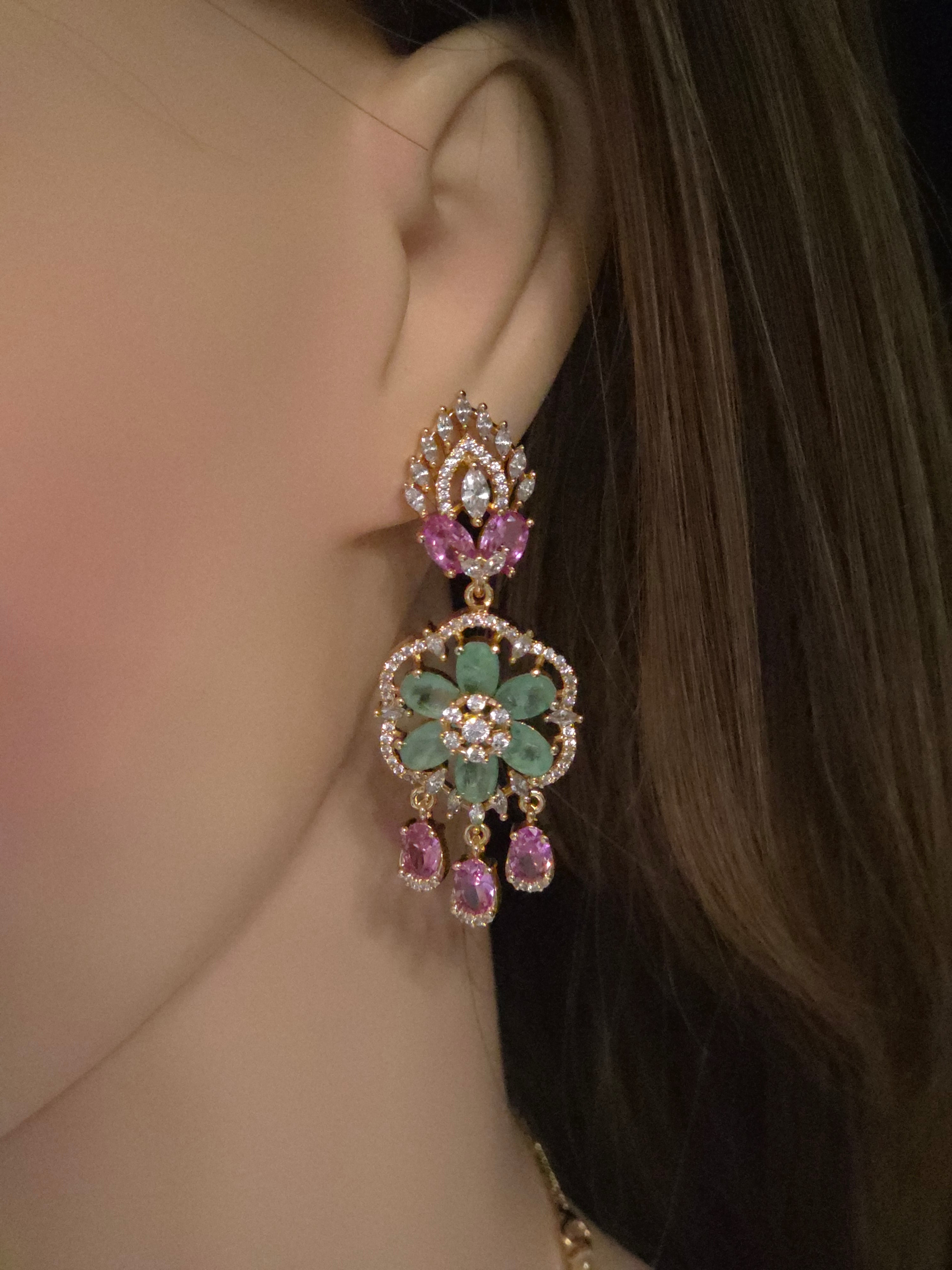 Emerald & Pink CZ Floral Medallion Necklace & Chandelier Earring Set – Zainab