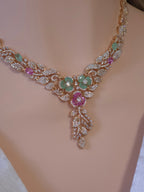 CZ Floral Garden Twin Bloom Necklace & Feather Drop Earring Set – Gulnara