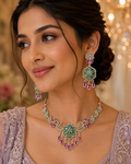 Emerald & Pink CZ Floral Medallion Necklace & Chandelier Earring Set – Zainab