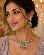 Emerald & Pink CZ Floral Medallion Necklace & Chandelier Earring Set – Zainab