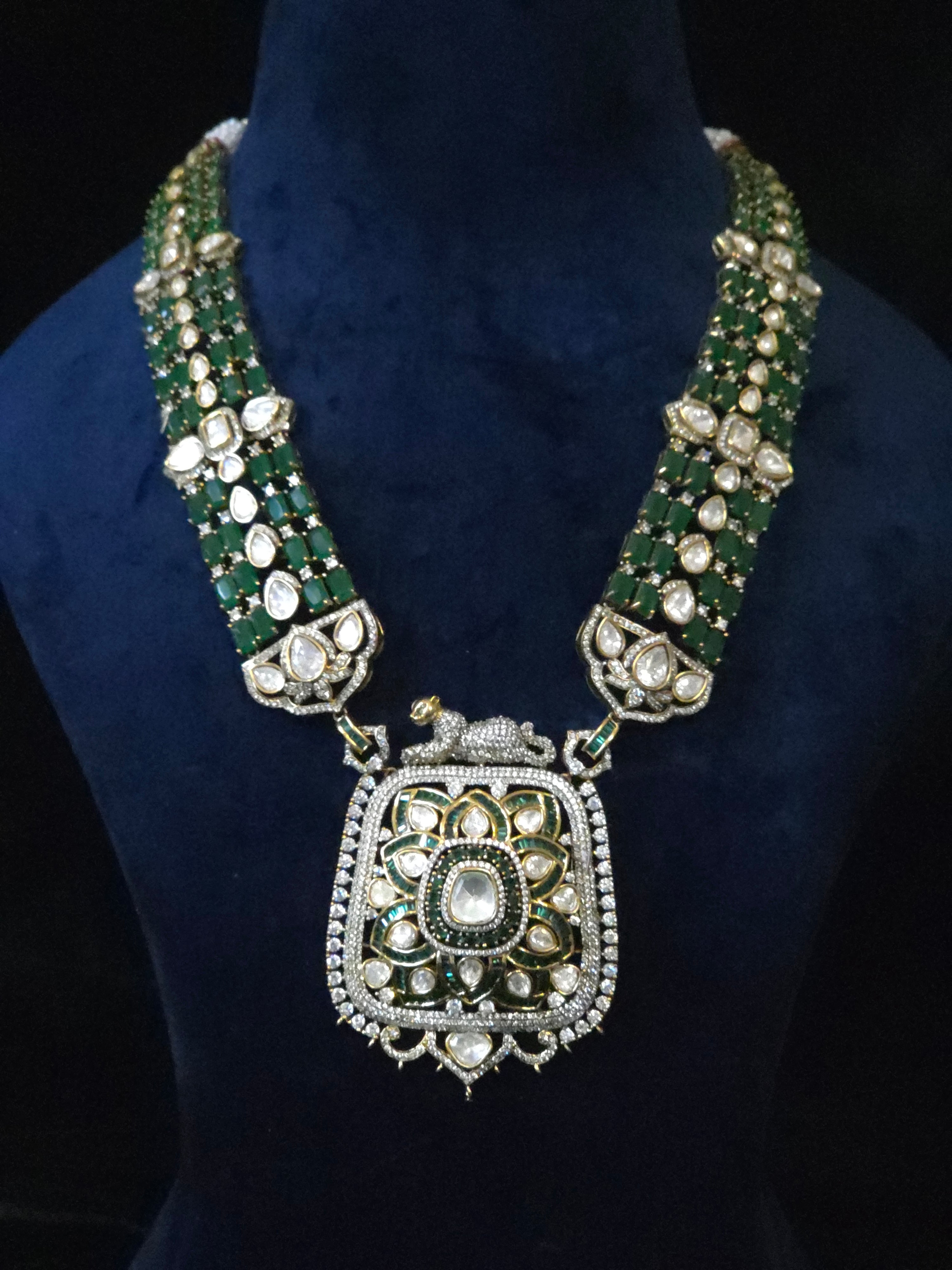 Emerald & Polki CZ Moissanite Multi-Strand Long Pendant Necklace & Drop Earring Set – Shaahi Emerald