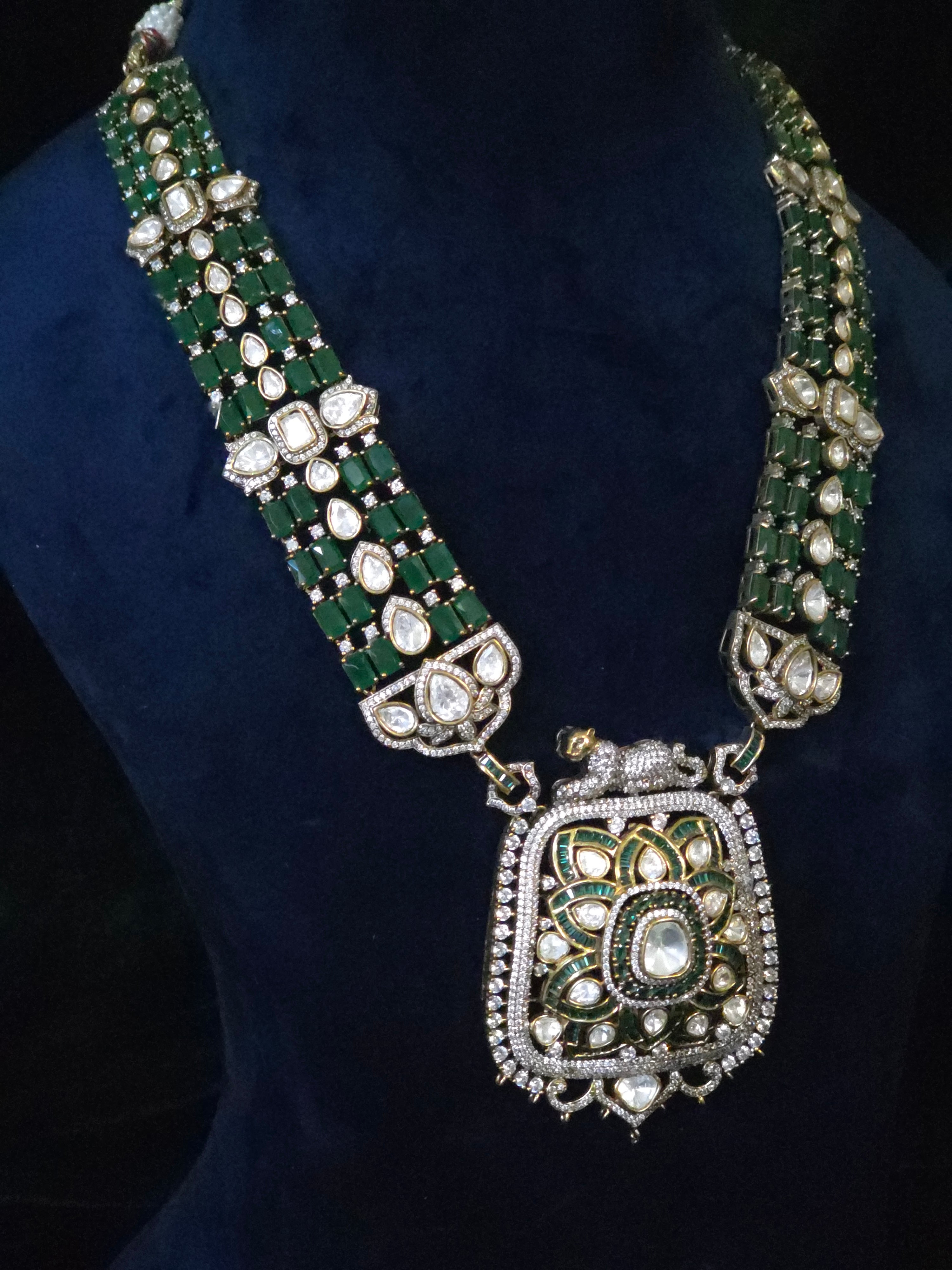 Emerald & Polki CZ Moissanite Multi-Strand Long Pendant Necklace & Drop Earring Set – Shaahi Emerald