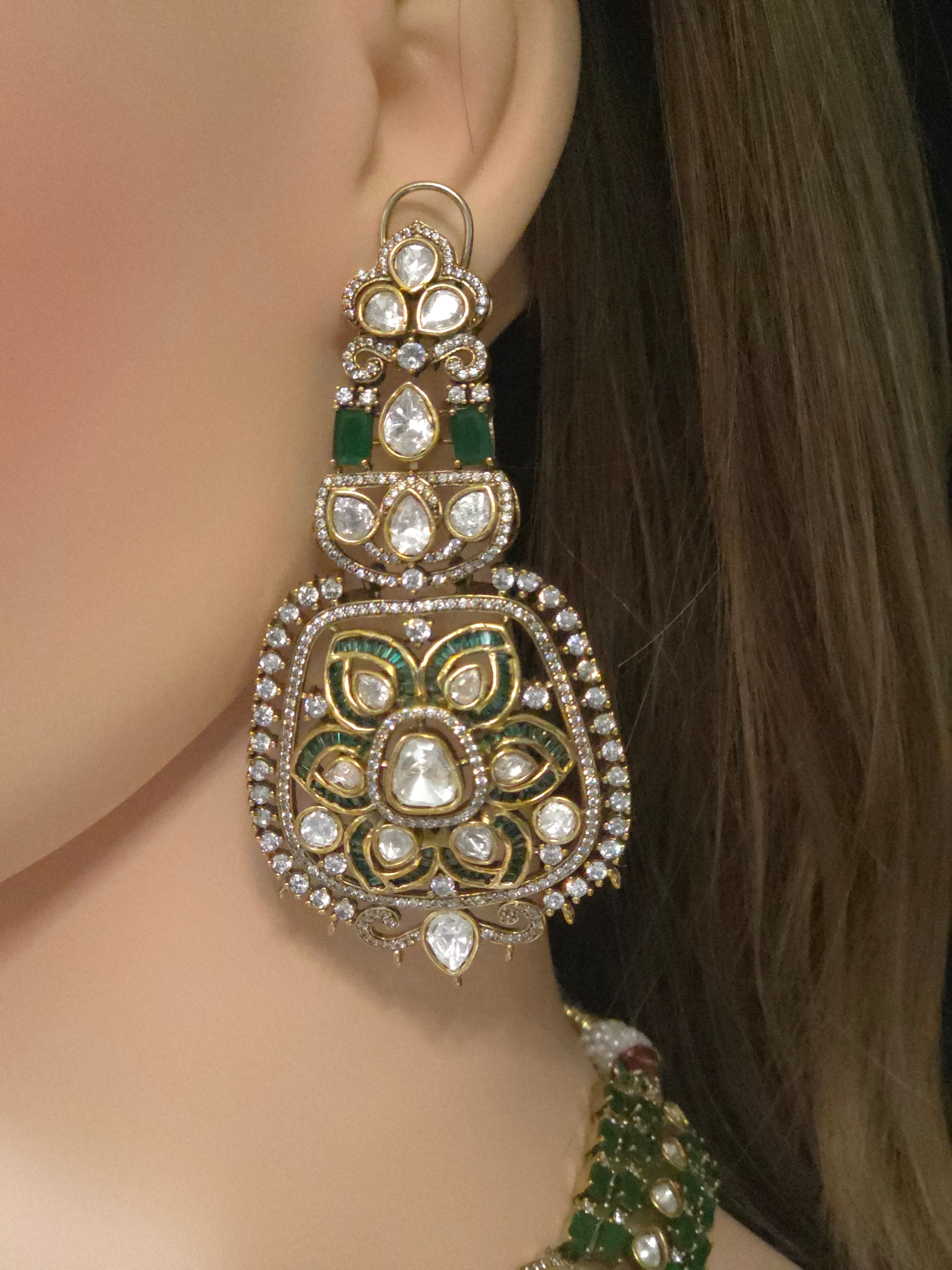 Emerald & Polki CZ Moissanite Multi-Strand Long Pendant Necklace & Drop Earring Set – Shaahi Emerald