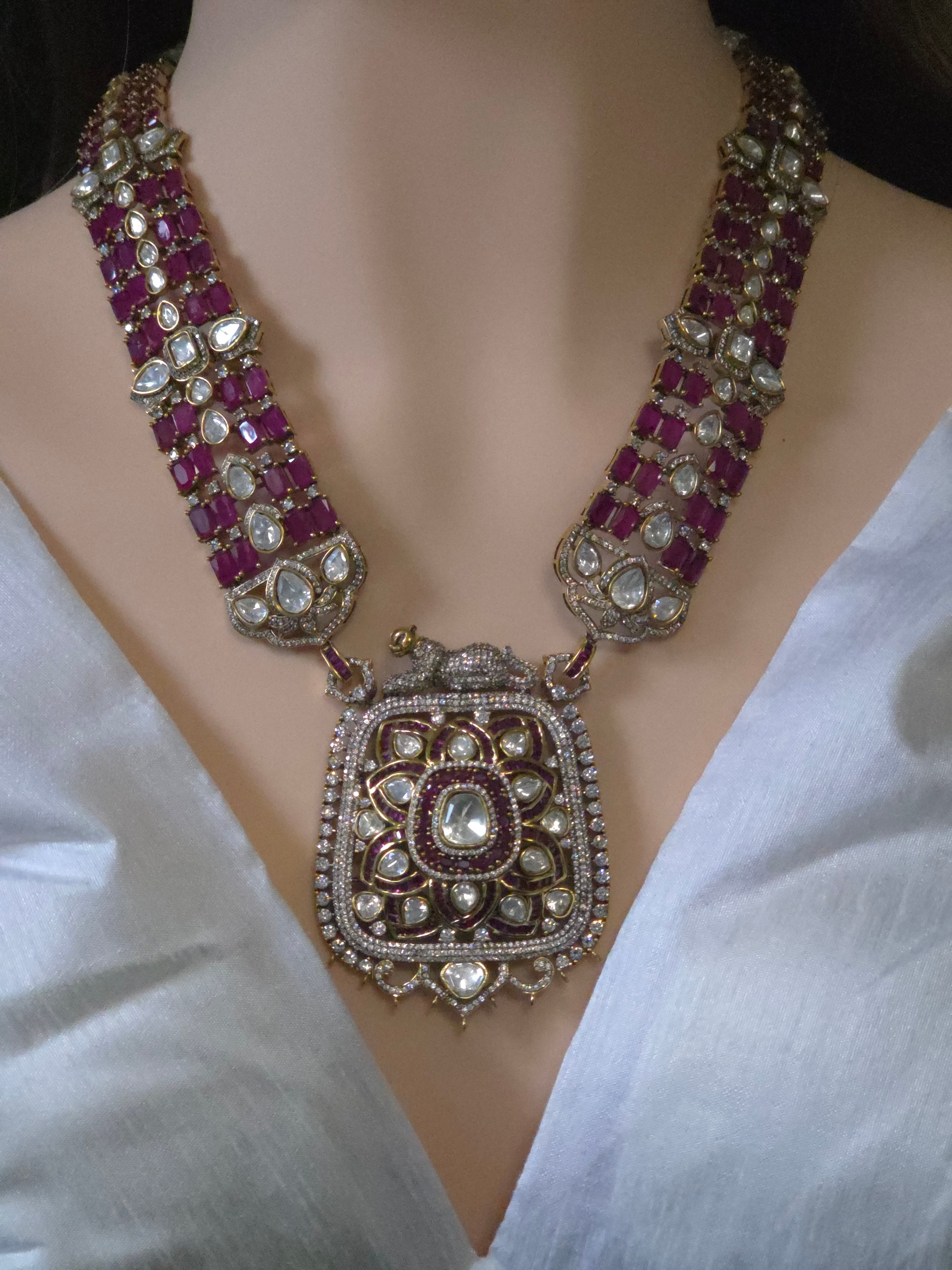 Ruby & Polki CZ Moissanite Multi-Strand Long Pendant Necklace & Drop Earring Set – Shaahi