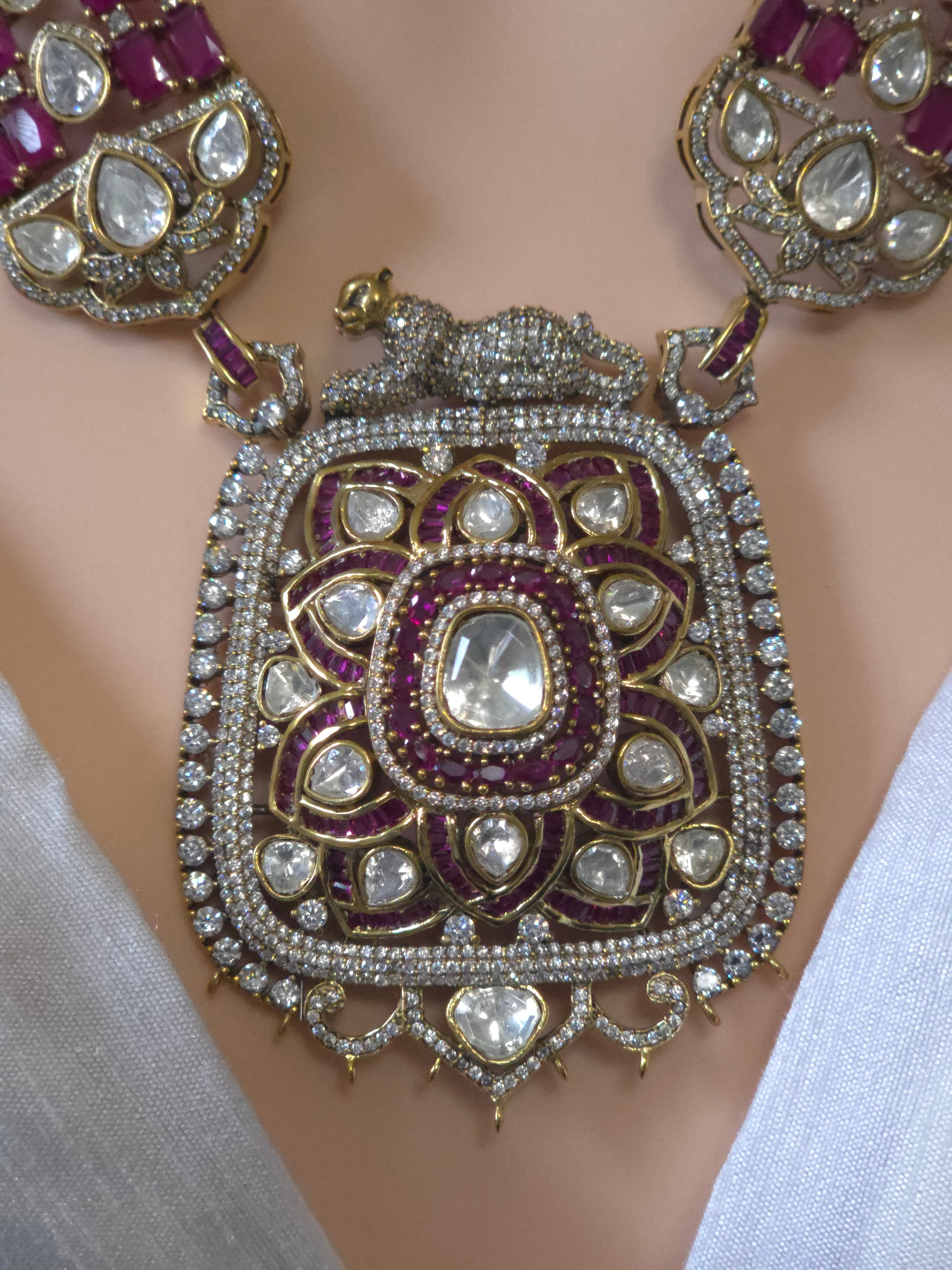 Ruby & Polki CZ Moissanite Multi-Strand Long Pendant Necklace & Drop Earring Set – Shaahi