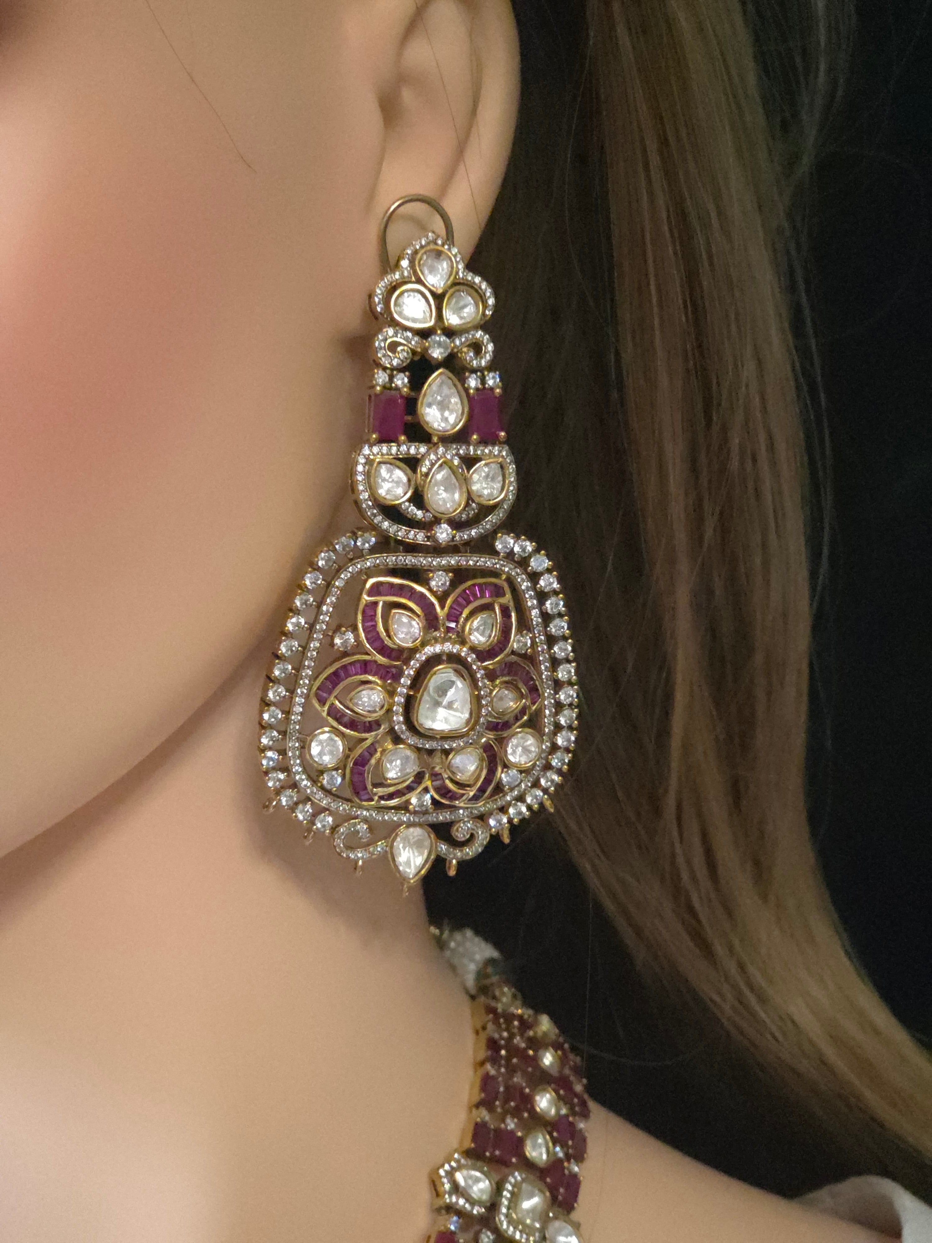 Ruby & Polki CZ Moissanite Multi-Strand Long Pendant Necklace & Drop Earring Set – Shaahi