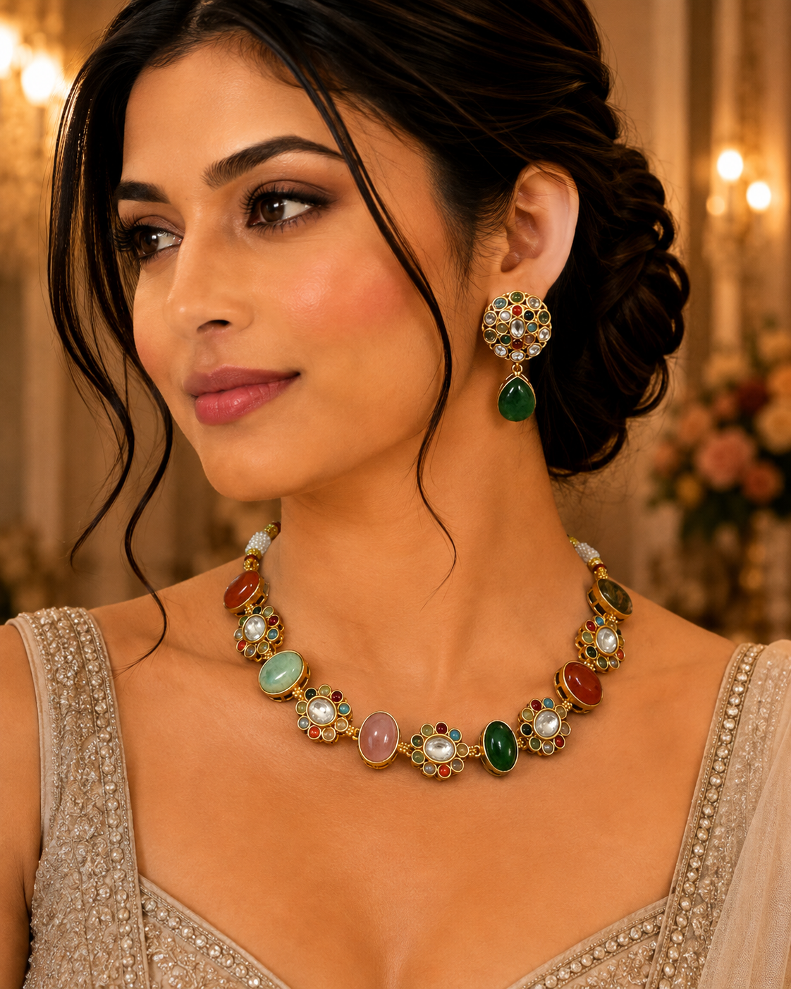 Navratna Kundan Floral Cabochon Choker & Earring Set – Kamala
