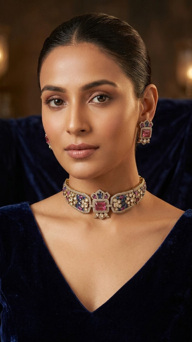 Mughal Polki Moissanite Wide-Band Choker & Stud Earring Set – Shahana