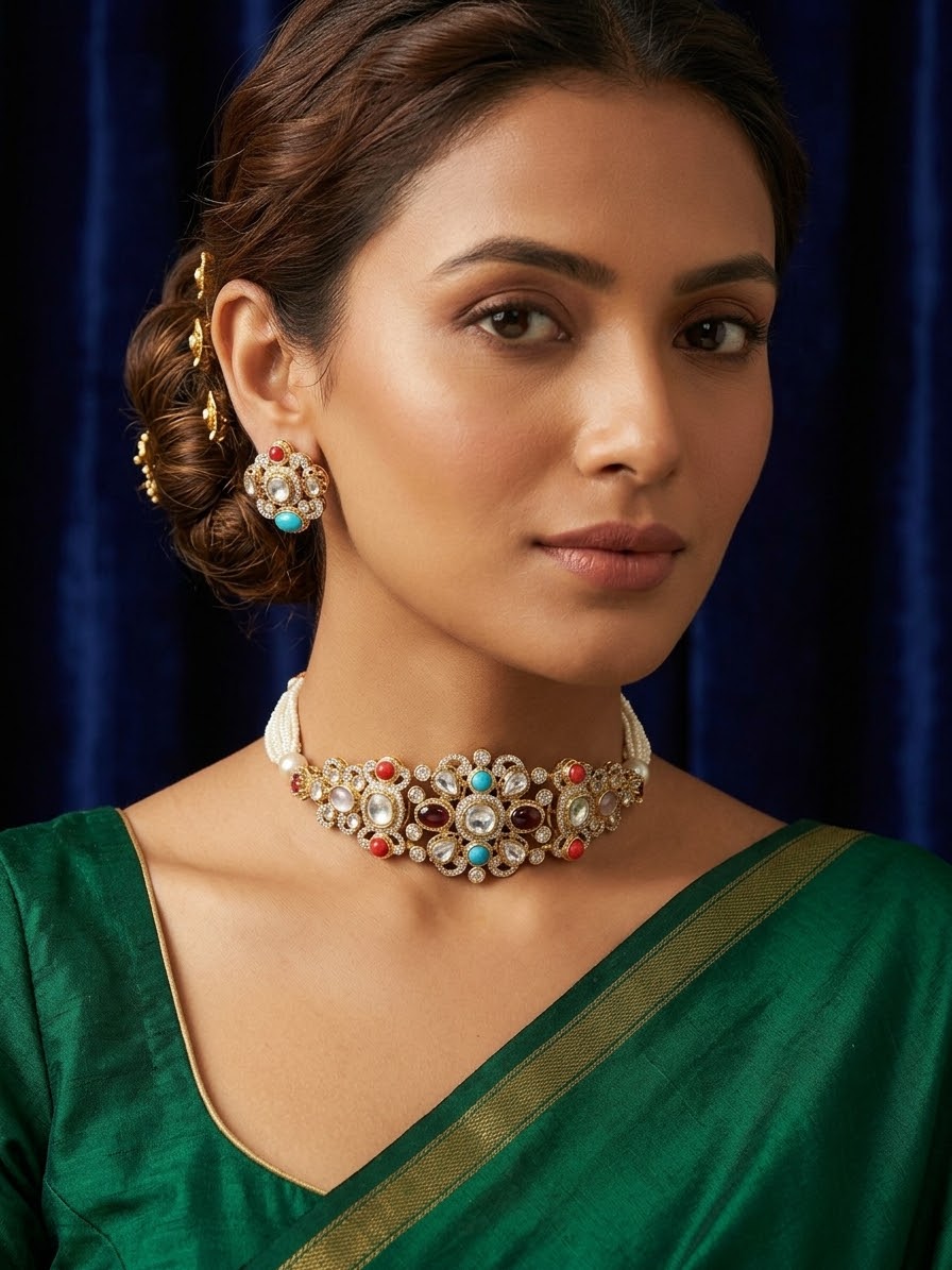 Navratna Polki Kundan Pearl Choker & Stud Earring Set – Sohana