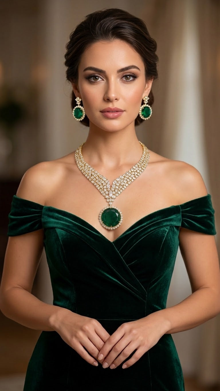 A woman wearing a luxurious emerald green velvet off-the-shoulder gown and matching emerald green and gold jewelry, including a statement necklace and drop earrings, set against a soft, elegant indoor background.