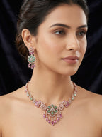 Emerald & Pink CZ Floral Medallion Necklace & Chandelier Earring Set – Zainab