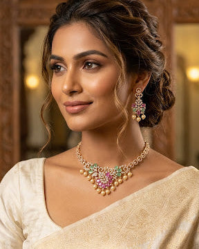 Pink & Emerald CZ Floral Pearl Drop Necklace & Earring Set – Priya