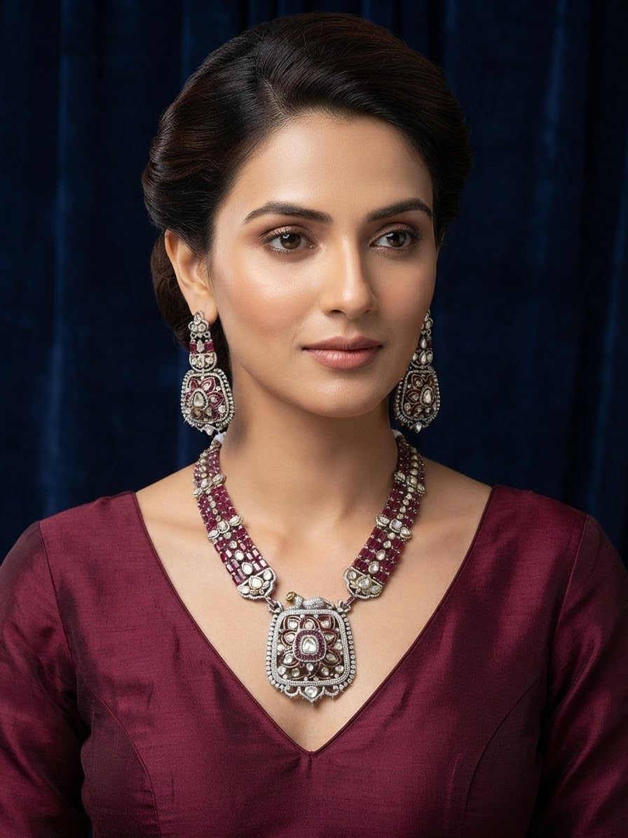 Ruby & Polki CZ Moissanite Multi-Strand Long Pendant Necklace & Drop Earring Set – Shaahi