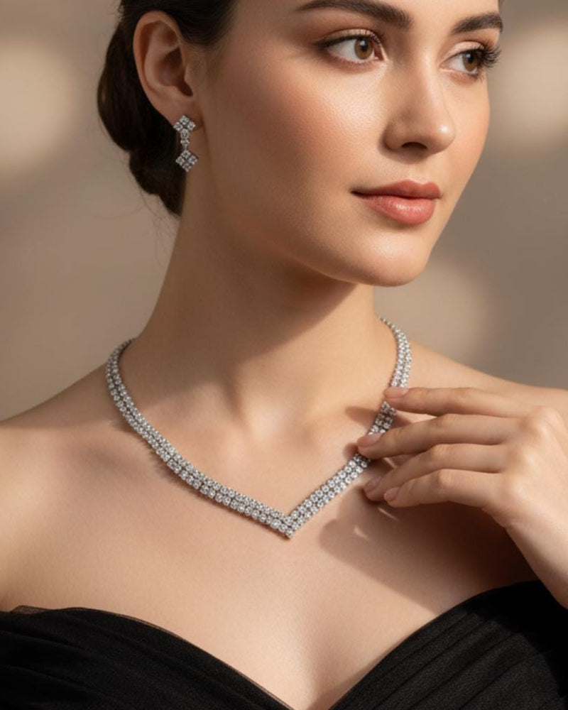 Live model mock wearing premium polished silver bridal necklace loop