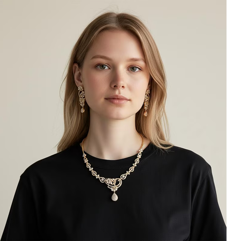 Traditional gold plated CZ crescent shaped choker necklace layout