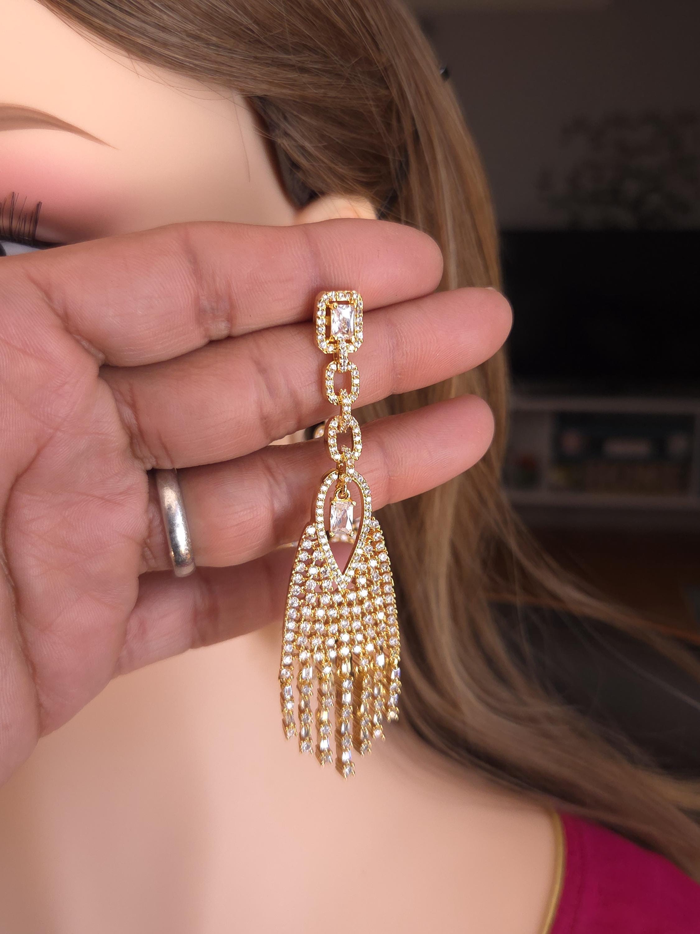 Gold CZ Tassel Earrings