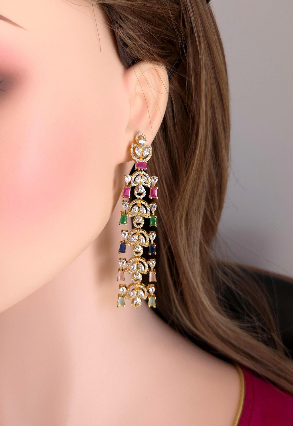 Rainbow multi tier dangling festive party studs gold plating blueprint scale