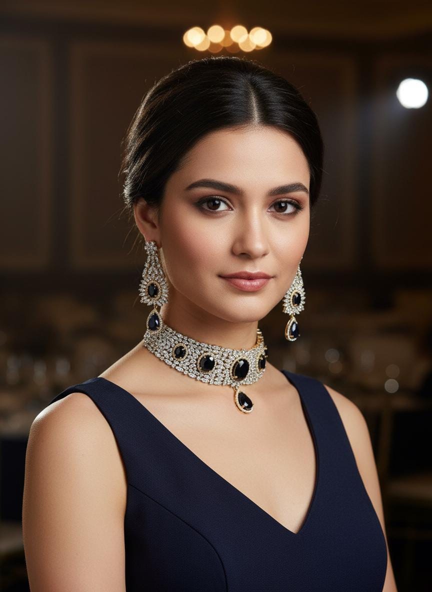 Traditional gold overlay blue zircon choker presentation asset slot