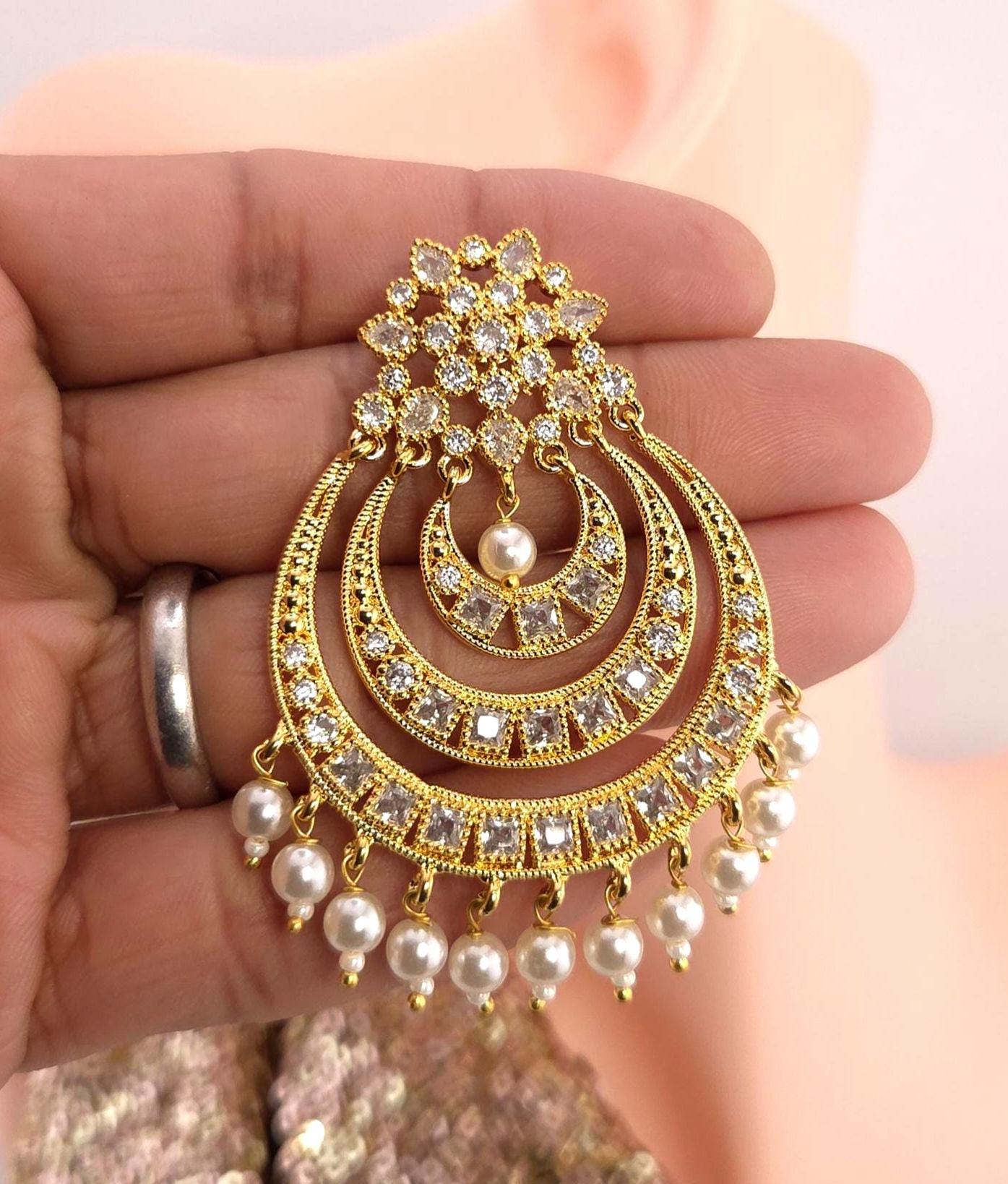 Classic blend seed pearls and clear zircon moon design traditional hangs format